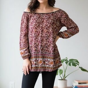 Vintage Wet Seal T2K Turkey and Leaves Off-Shoulder Rayon Top Tunic Burgundy S